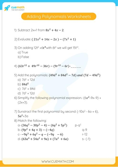 Adding Polynomials Rules Steps Examples Worksheets Library