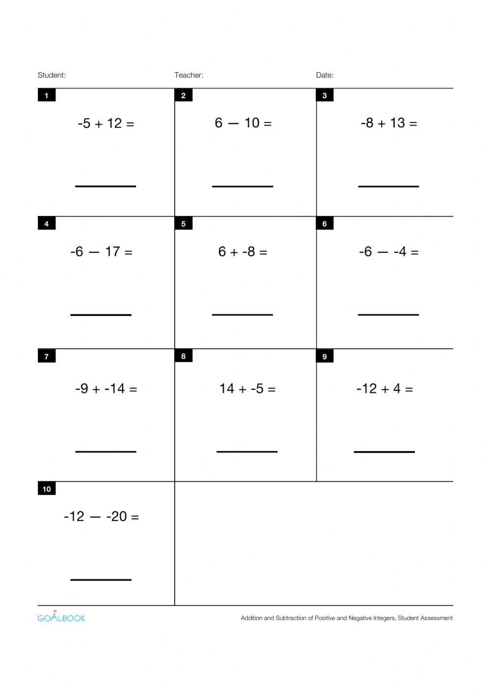 Adding Positive And Negative Numbers Benchmark Worksheet Live 
