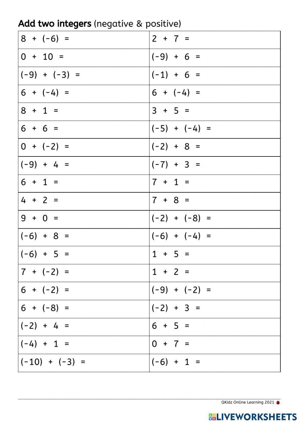 Adding Positive And Negative Numbers Worksheets Library