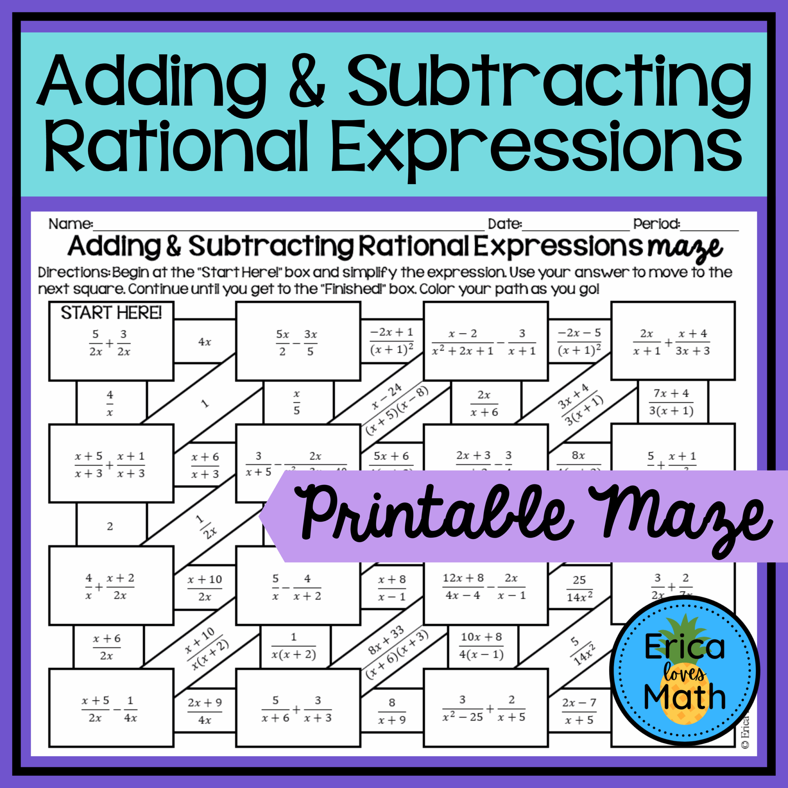 Adding Subtracting Rational Expressions Maze Worksheet Activity 