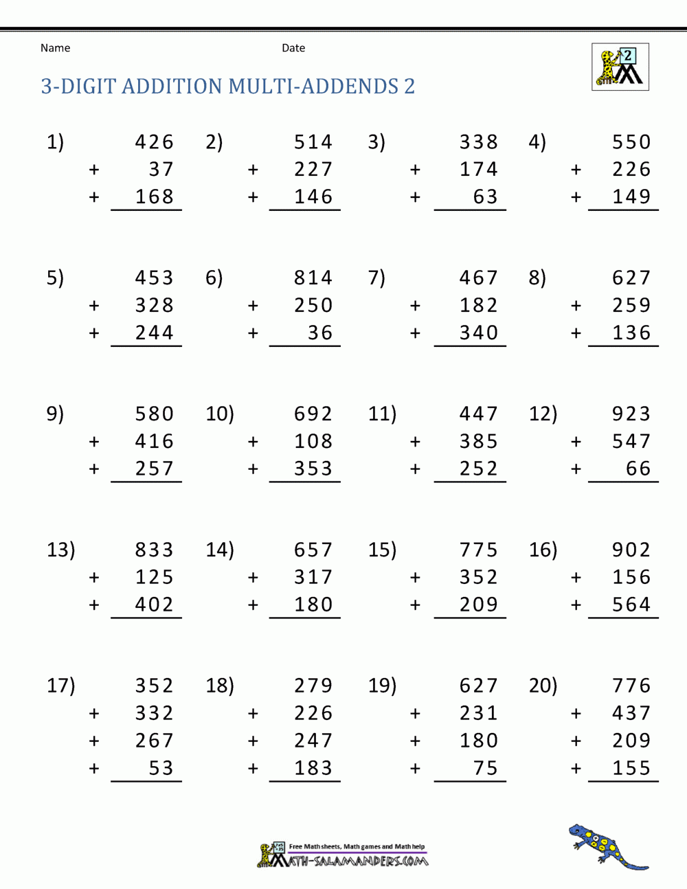 Adding Three Numbers Worksheet E streetlight