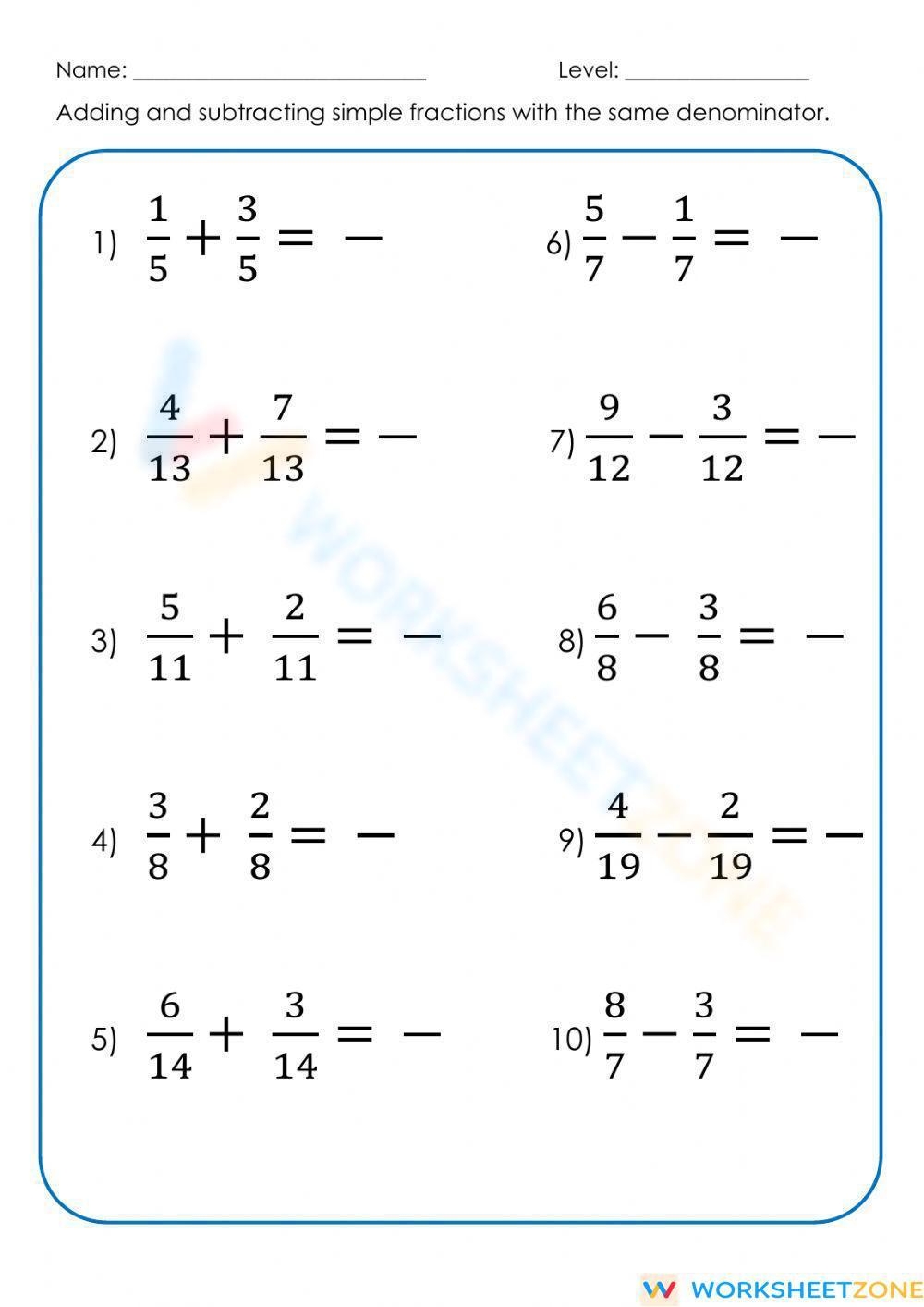 Addition And Subtraction Of Fractions Worksheet Worksheets Library