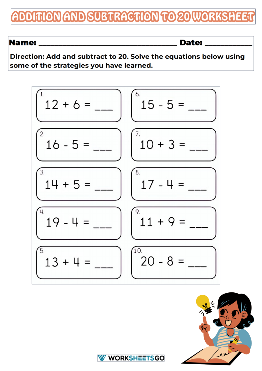 addition and subtraction within 20 worksheets