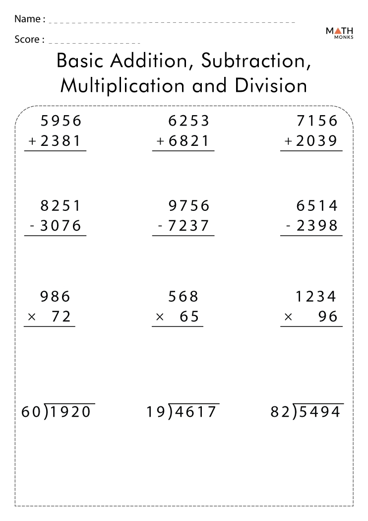 Addition Subtraction Multiplication Division Worksheets With Answer Key
