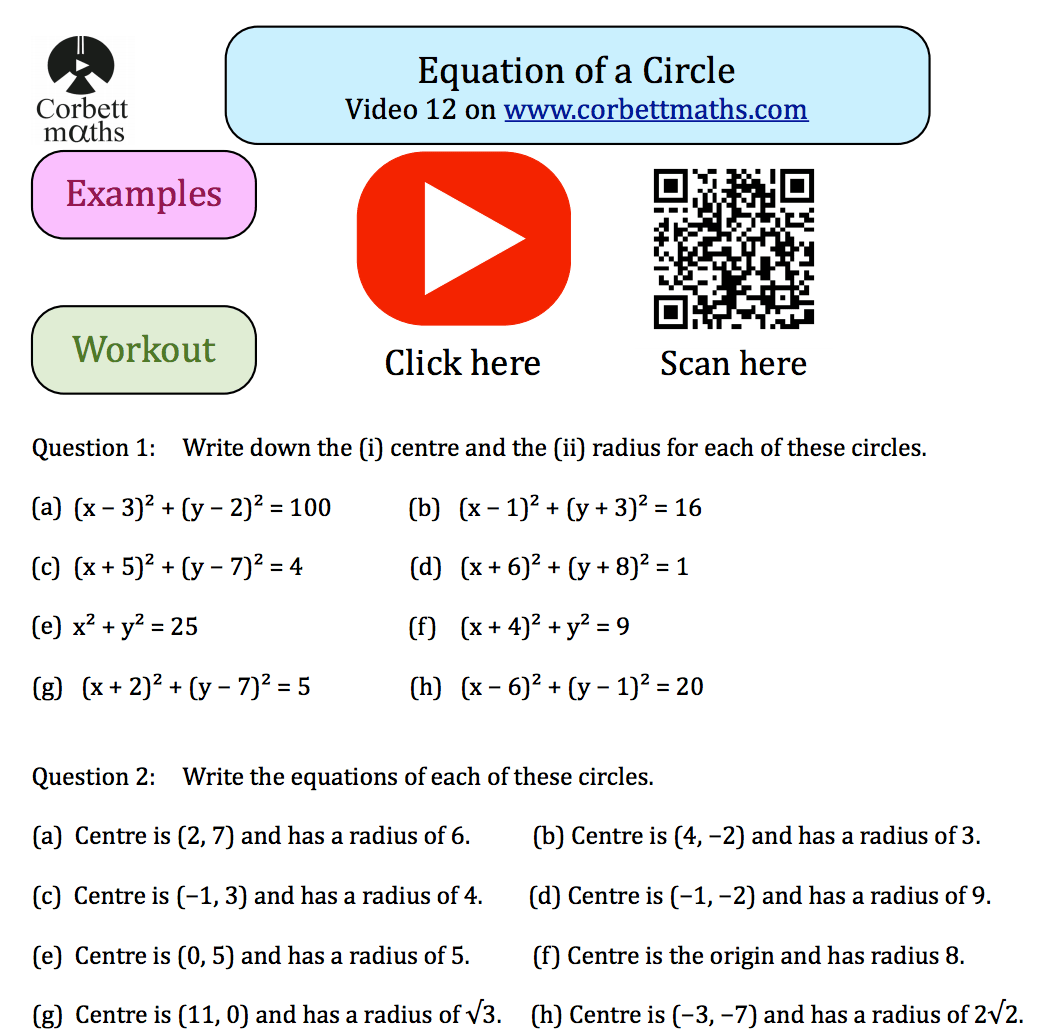 equation of a circle worksheet