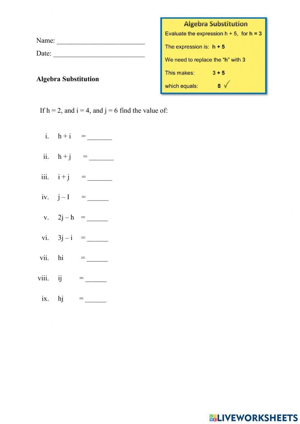 Algebra Substitution Worksheet Live Worksheets Worksheets Library