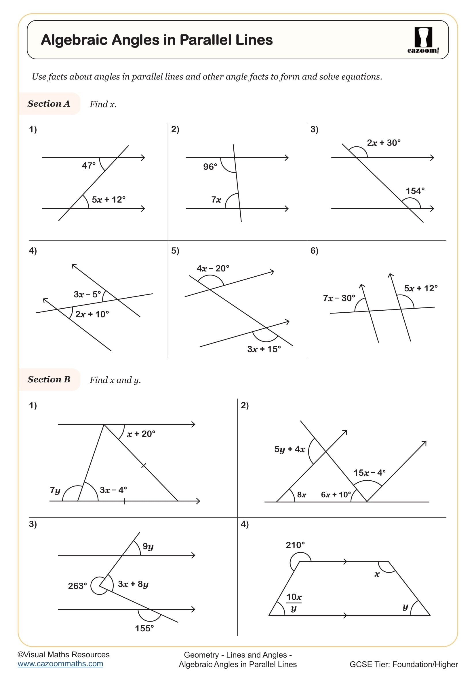 Algebraic Angles In Parallel Lines Worksheet Printable PDF Year 