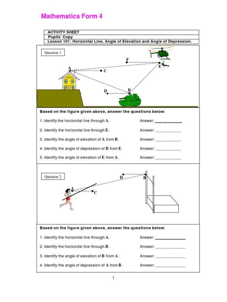 Angle Of Elevation And Depression Trig Worksheet Answers Db excel