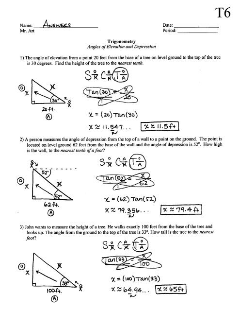 Angle Of Elevation And Depression Trig Worksheet With Answers 