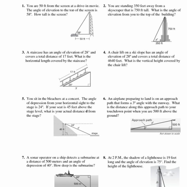 angle of elevation and depression trig worksheet