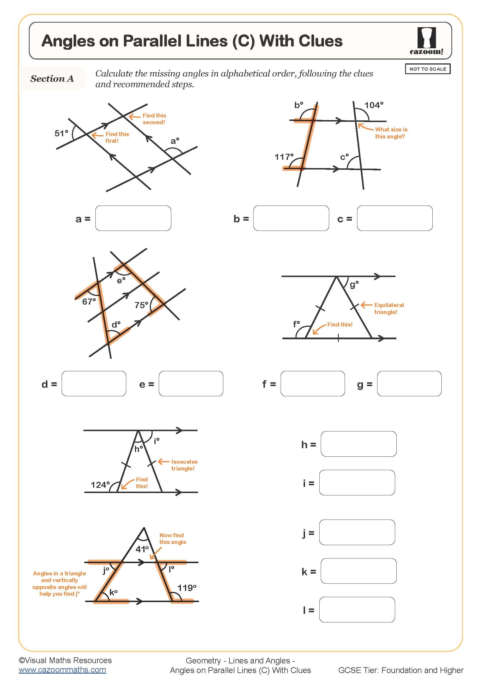 Angles On Parallel Lines C With Clues Cazoom Maths Worksheets 