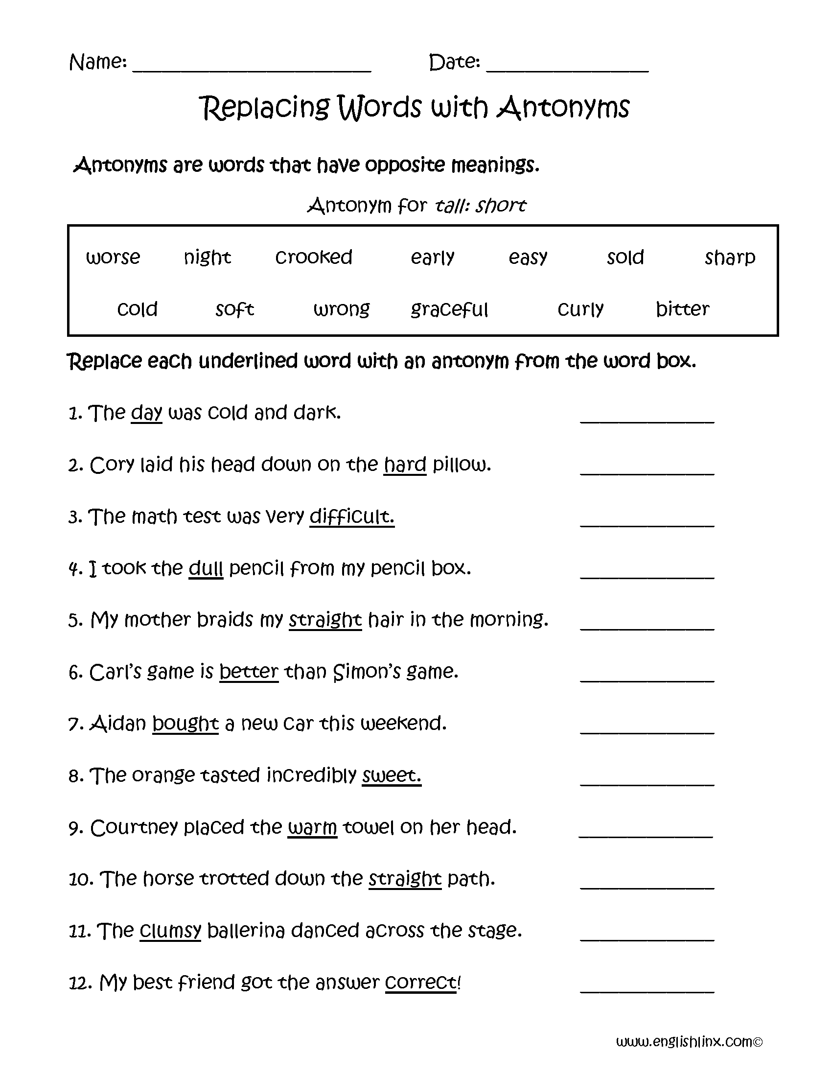worksheets antonyms