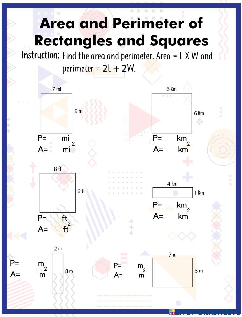 Area And Perimeter Of Rectangles And Squares Worksheet Live 