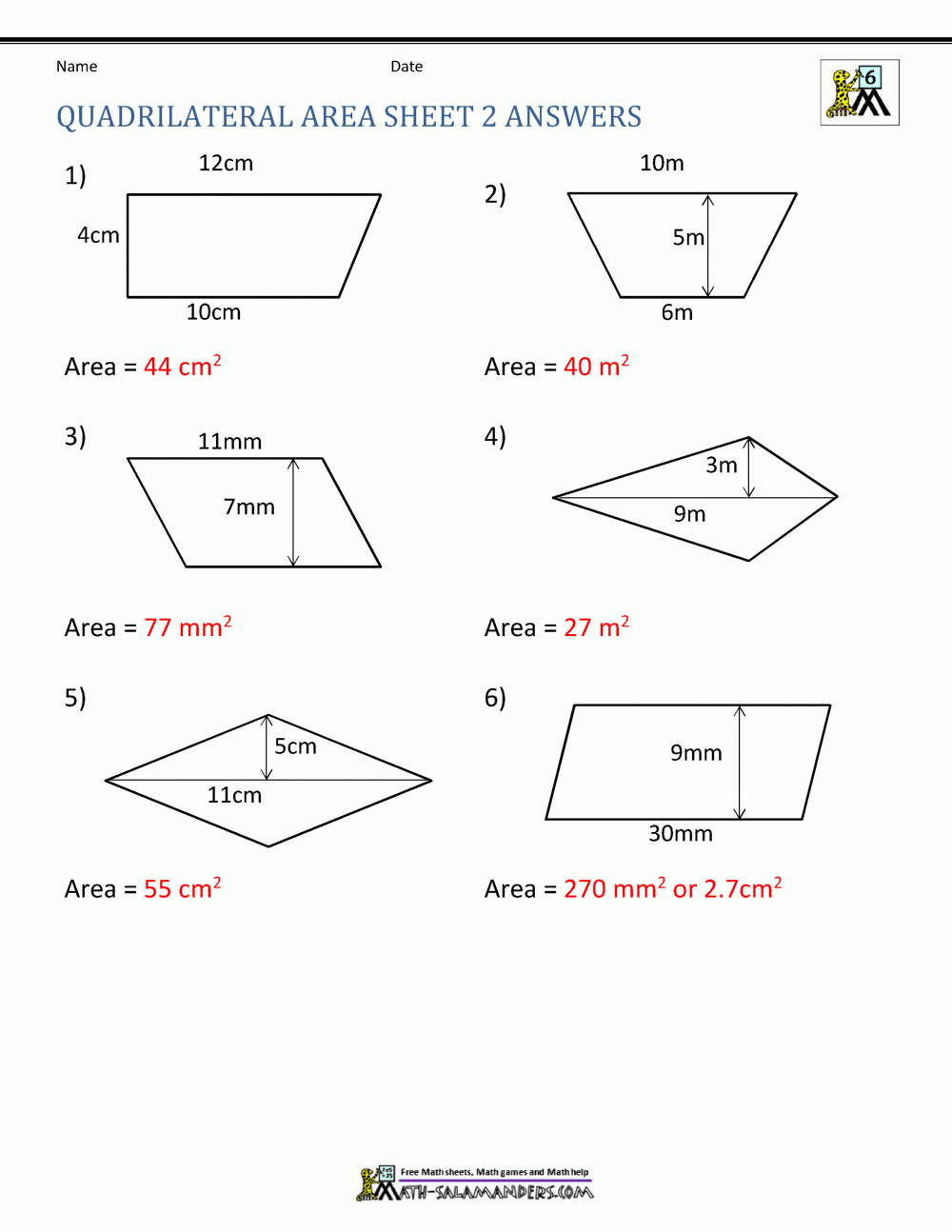 area of quadrilaterals worksheet