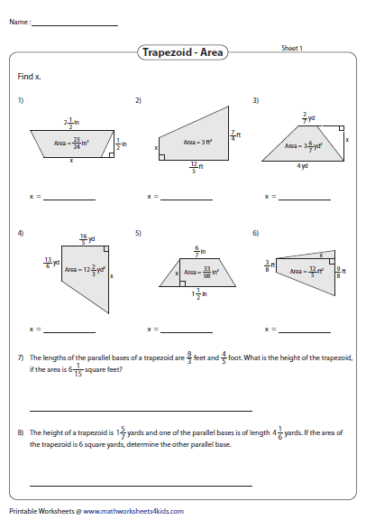 worksheet on area of trapezoid