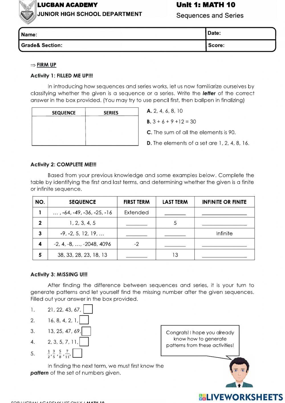 worksheet for arithmetic sequence