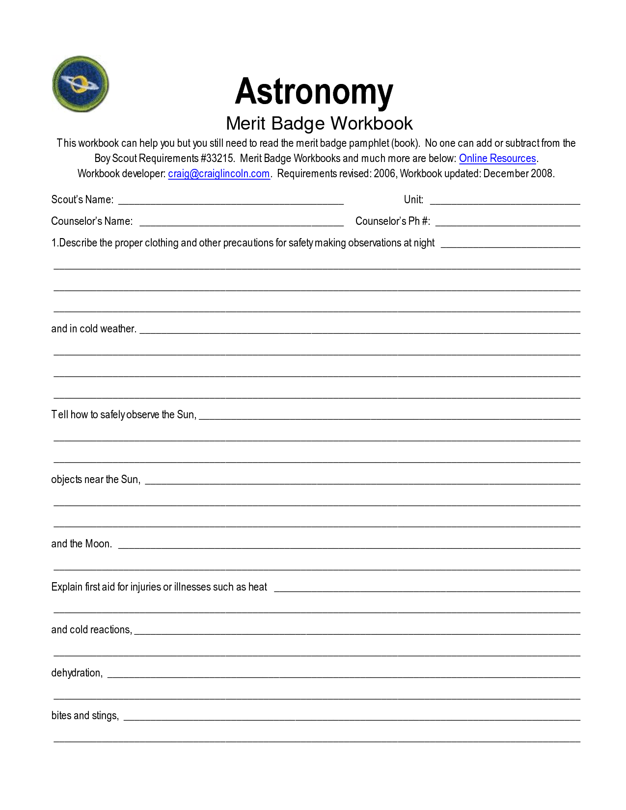 Astronomy Merit Badge Worksheet Worksheets Library