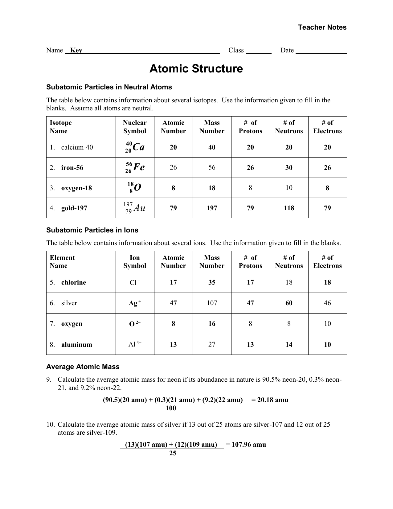 answer key atomic structure worksheet