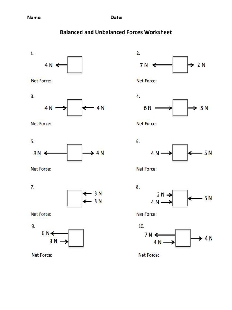 forces balanced and unbalanced worksheets