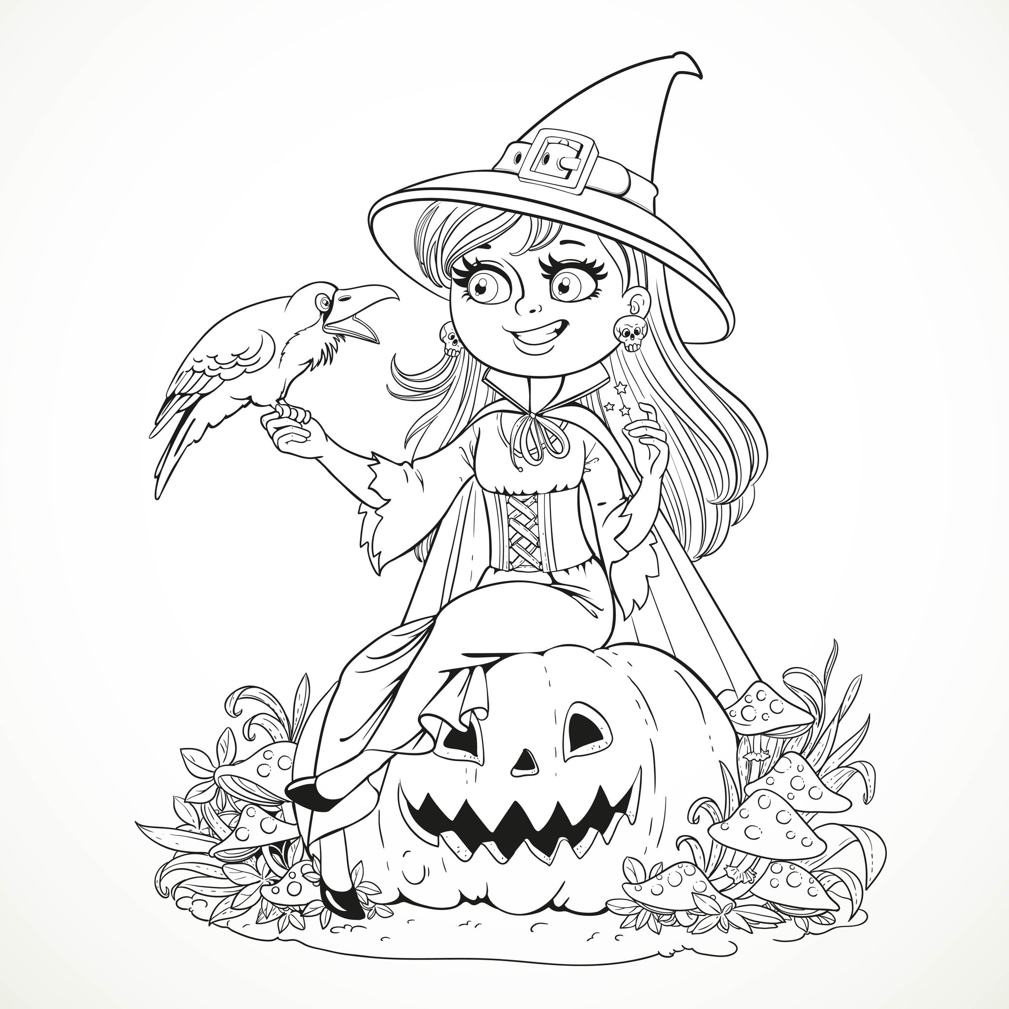 Beautiful Witch Sitting On A Pumpkin And Talking To A Black Raven 
