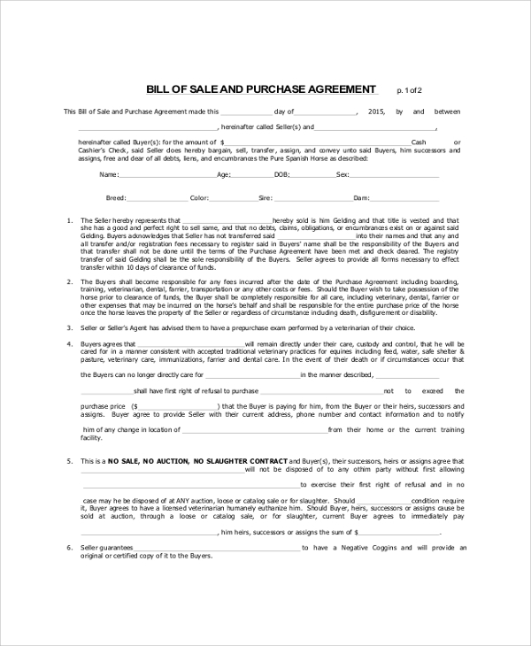 Bill Of Sale Agreement