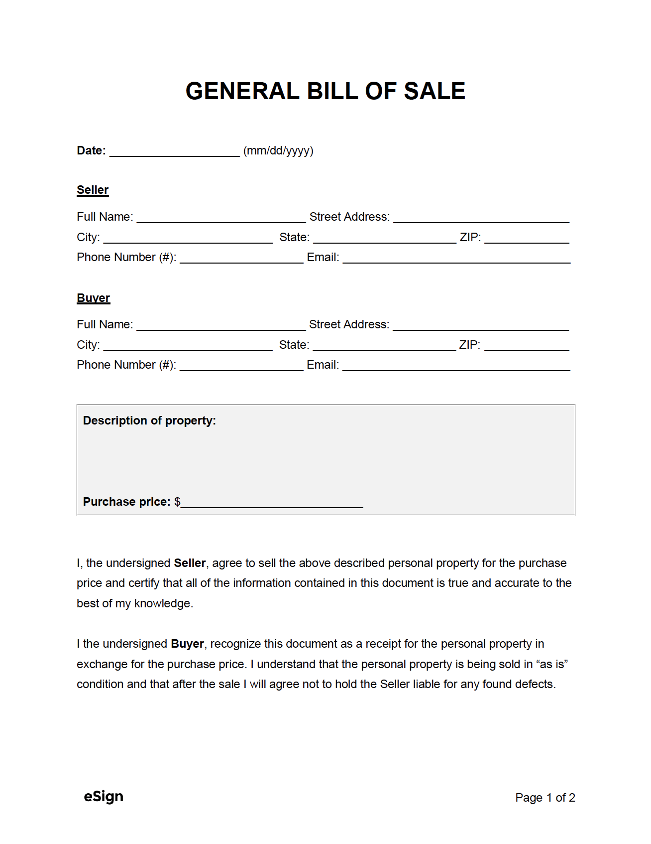 Bill Of Sale Letter Template