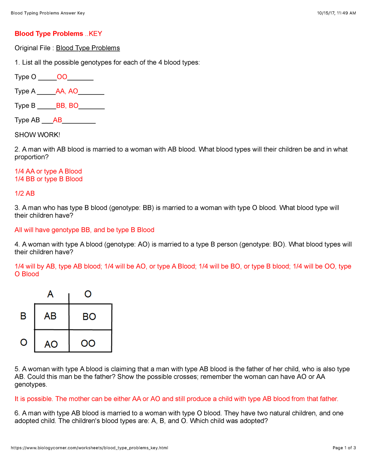 Blood Typing Problems Answer Key Html Page 1 Of 3 Blood Type 