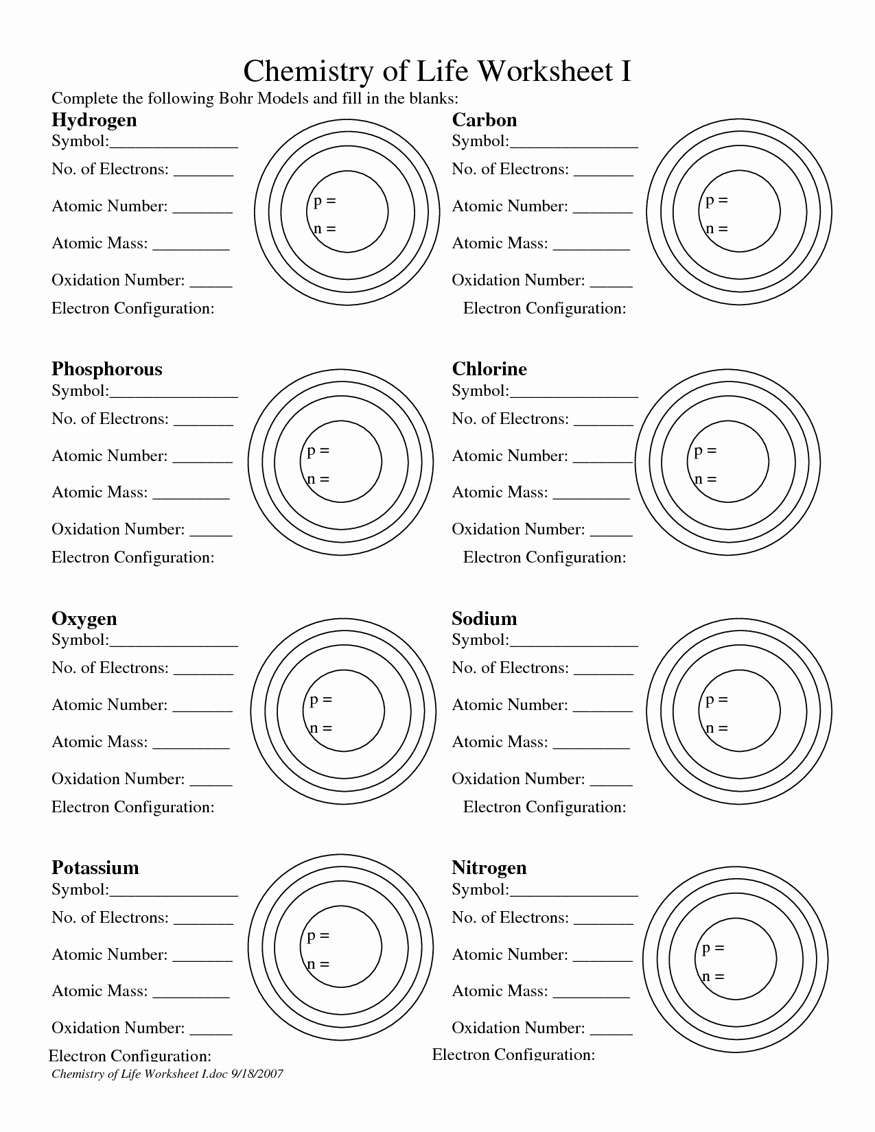 worksheet bohr models
