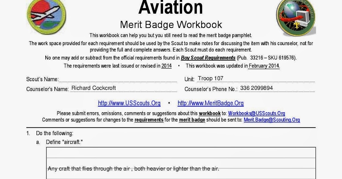 Boy Scout Troop 107 Greensboro NC Aviation Merit Badge Workbook