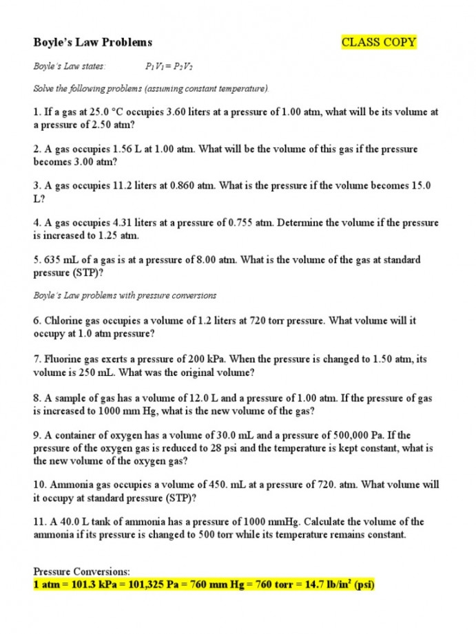 Boyle S Law Worksheet Answer