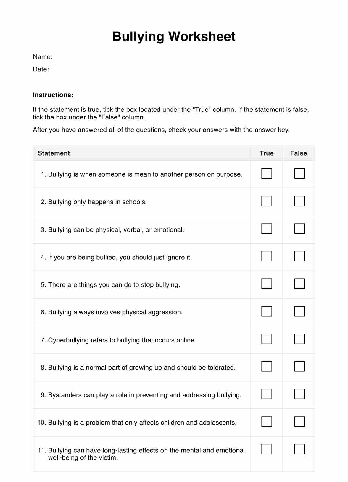 Bullying Worksheet Example Free PDF Download