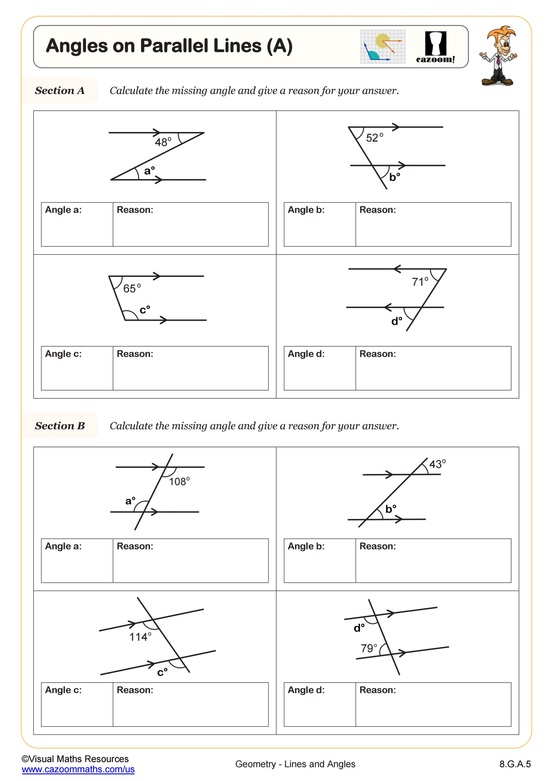 Calculating Angles On Parallel Lines With Transversals A