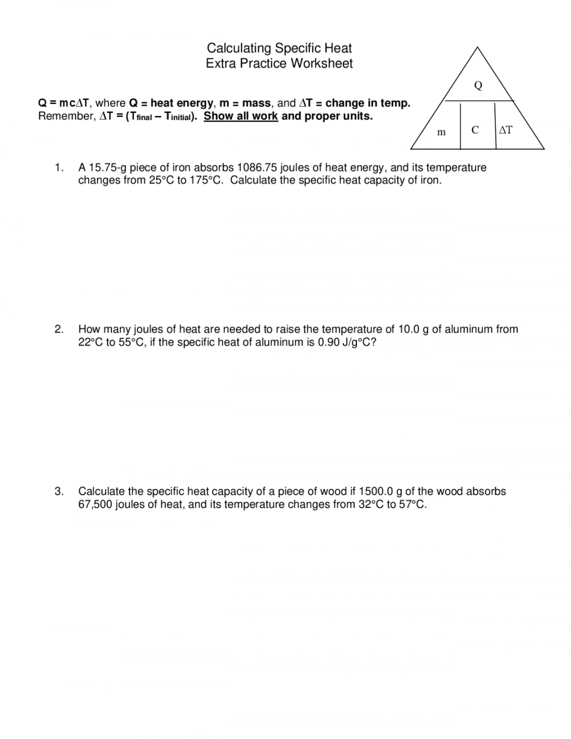 calculating specific heat worksheet