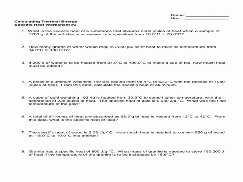 Calculating Specific Heat Worksheet New Specific Heat Worksheet 2 Free 