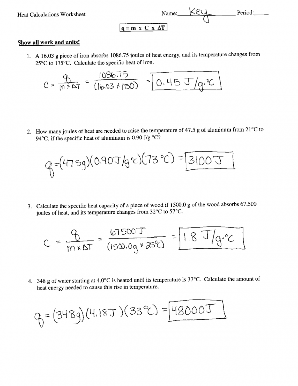 Calculating Specific Heat Worksheet Printable PDF Template