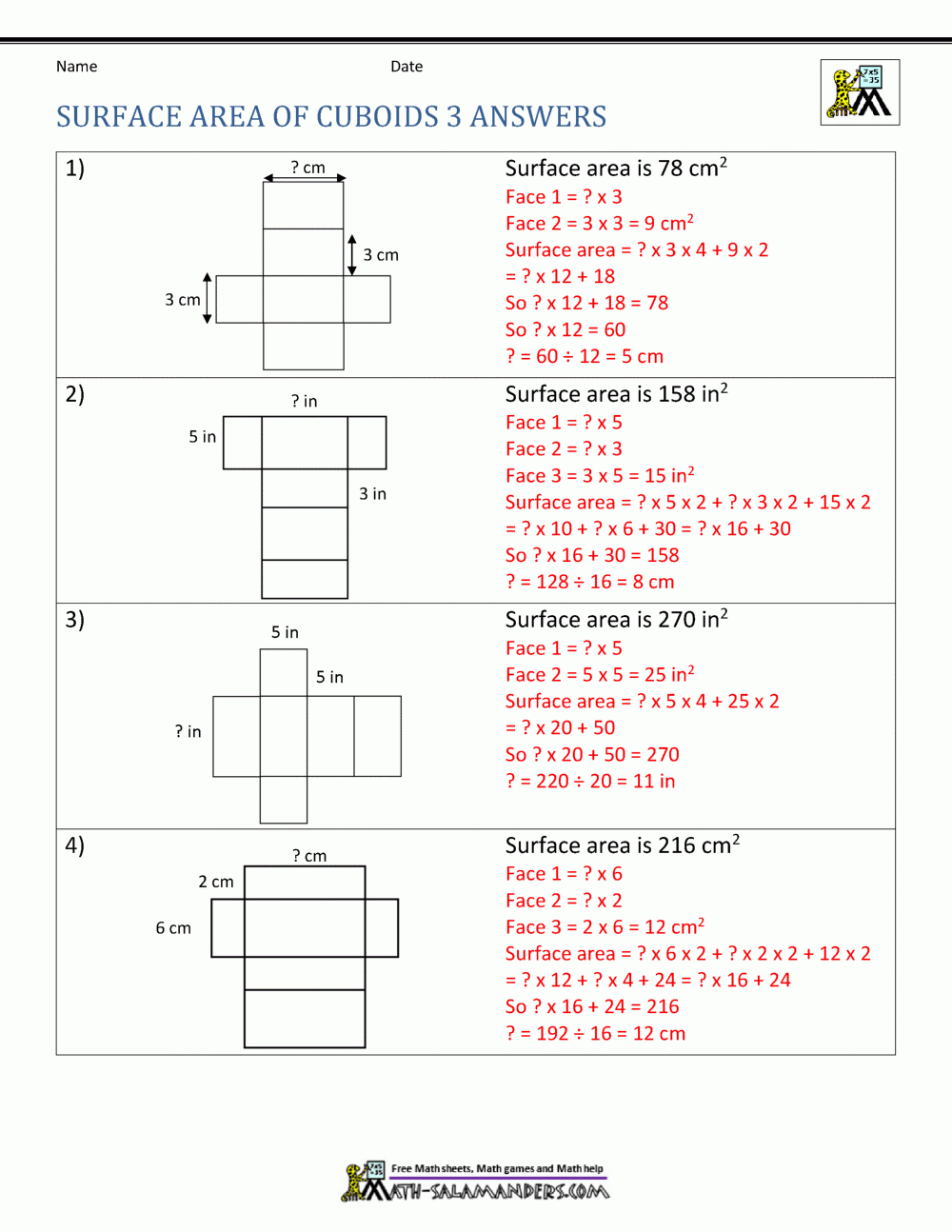 surface area worksheet grade 6