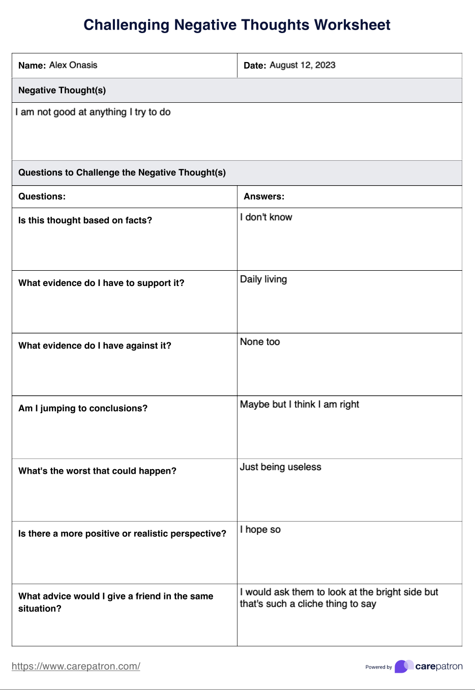 Challenging Negative Thoughts Worksheets Example Free PDF Download