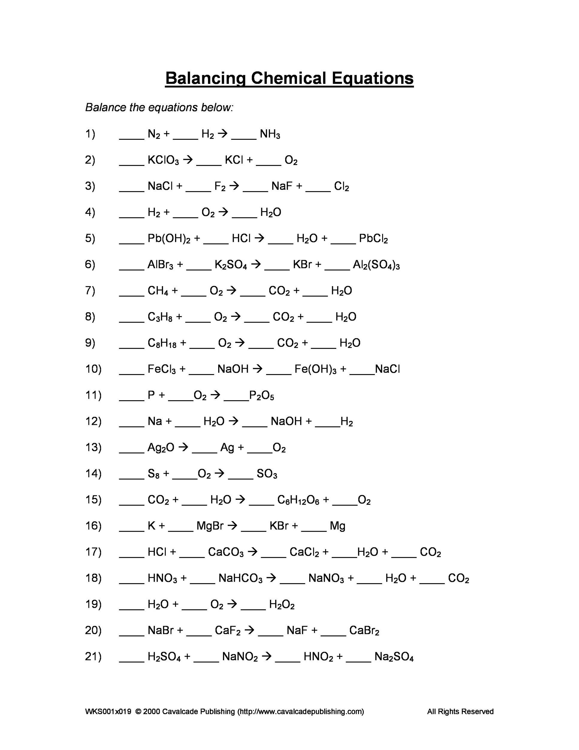 balancing chemical equations worksheets