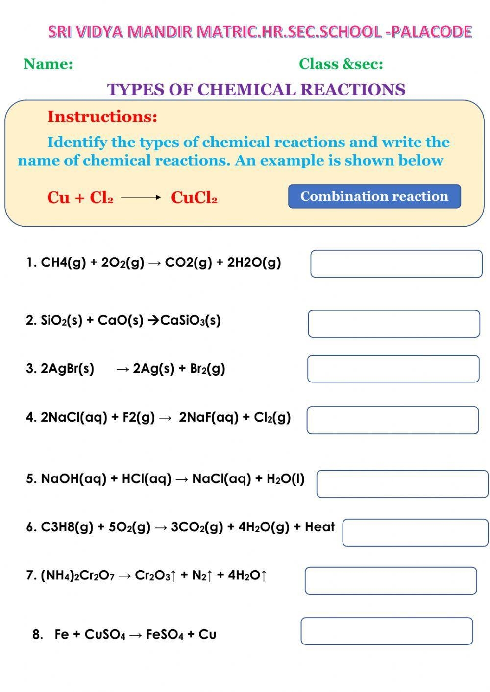 Chemical Reactions 8th Grade Science Worksheets And Answer Key