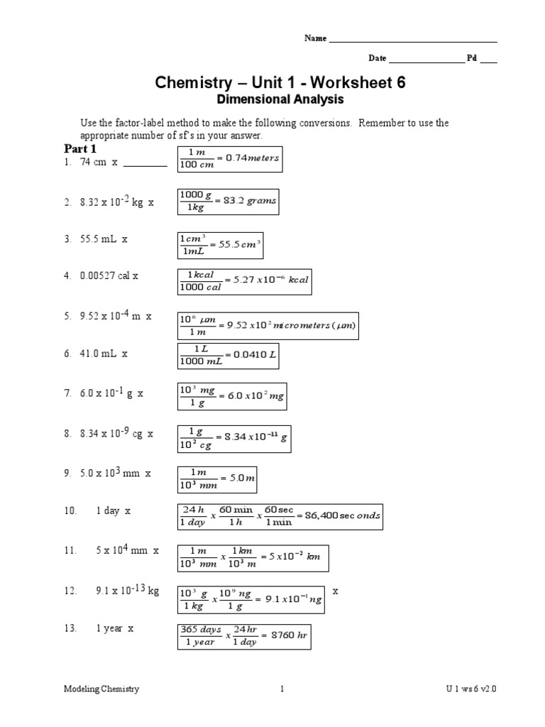Chemistry Unit 1 Worksheet 6 Dimensional Analysis PDF