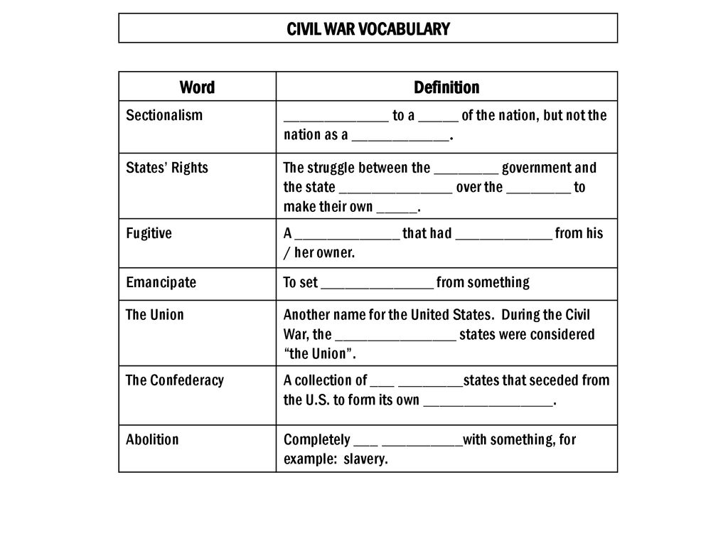 CIVIL WAR VOCABULARY Word Definition Ppt Download Worksheets Library