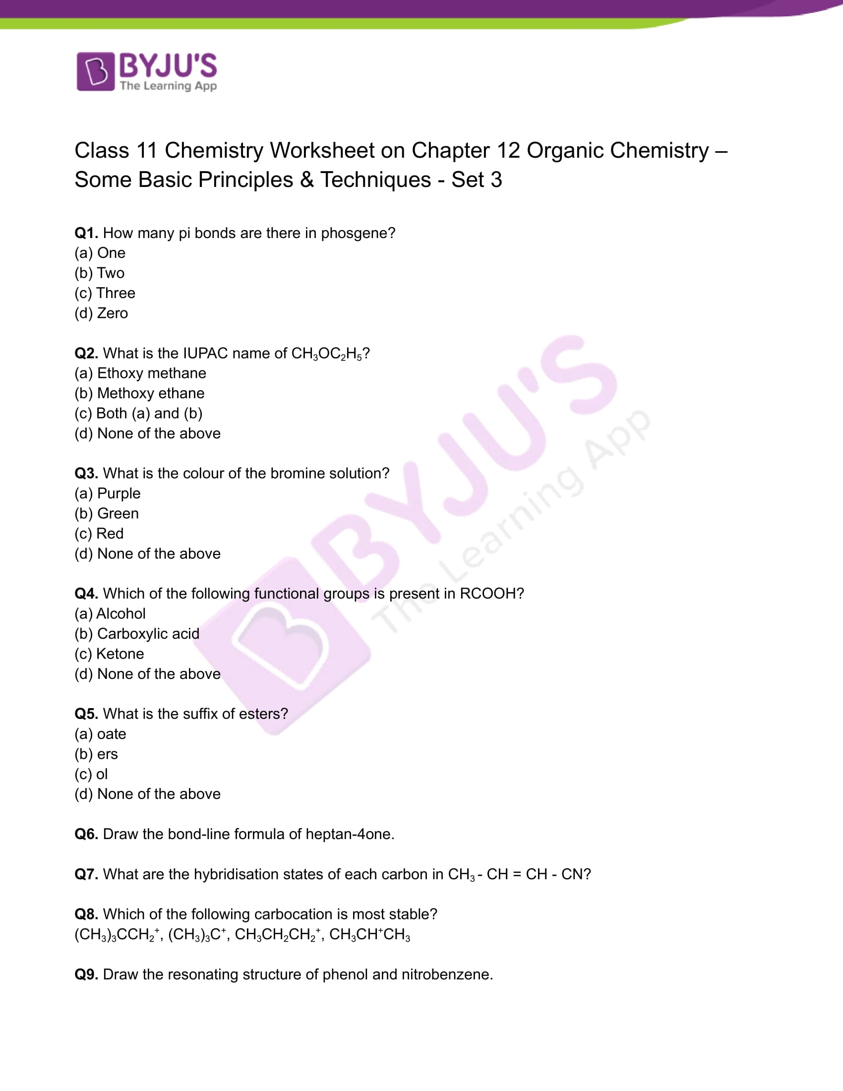 Class 11 Chemistry Worksheet On Chapter 12 Organic Chemistry 