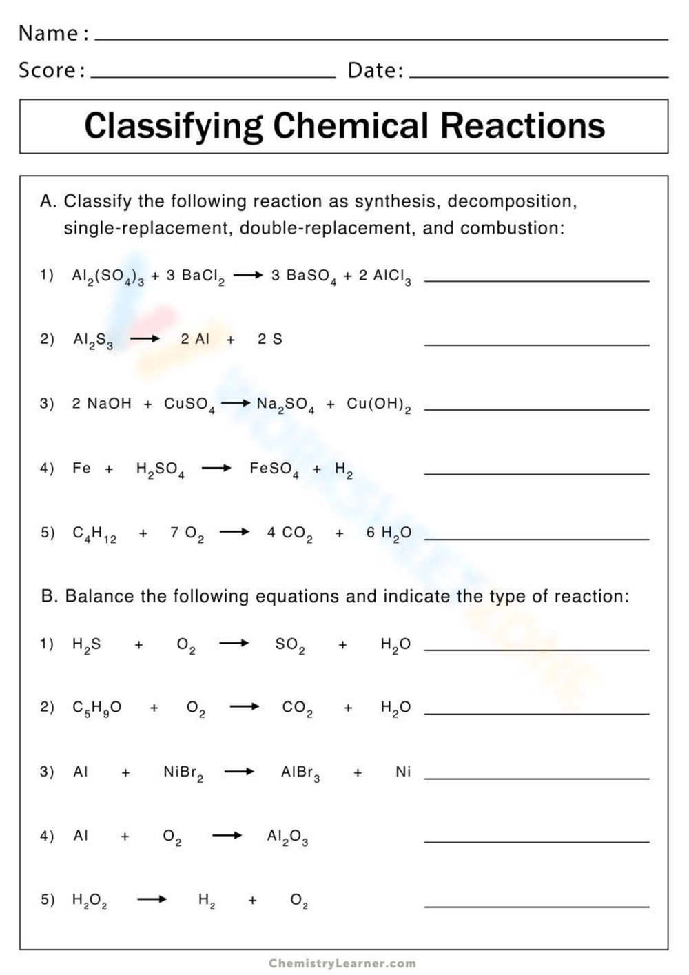 balance chemical reactions worksheet