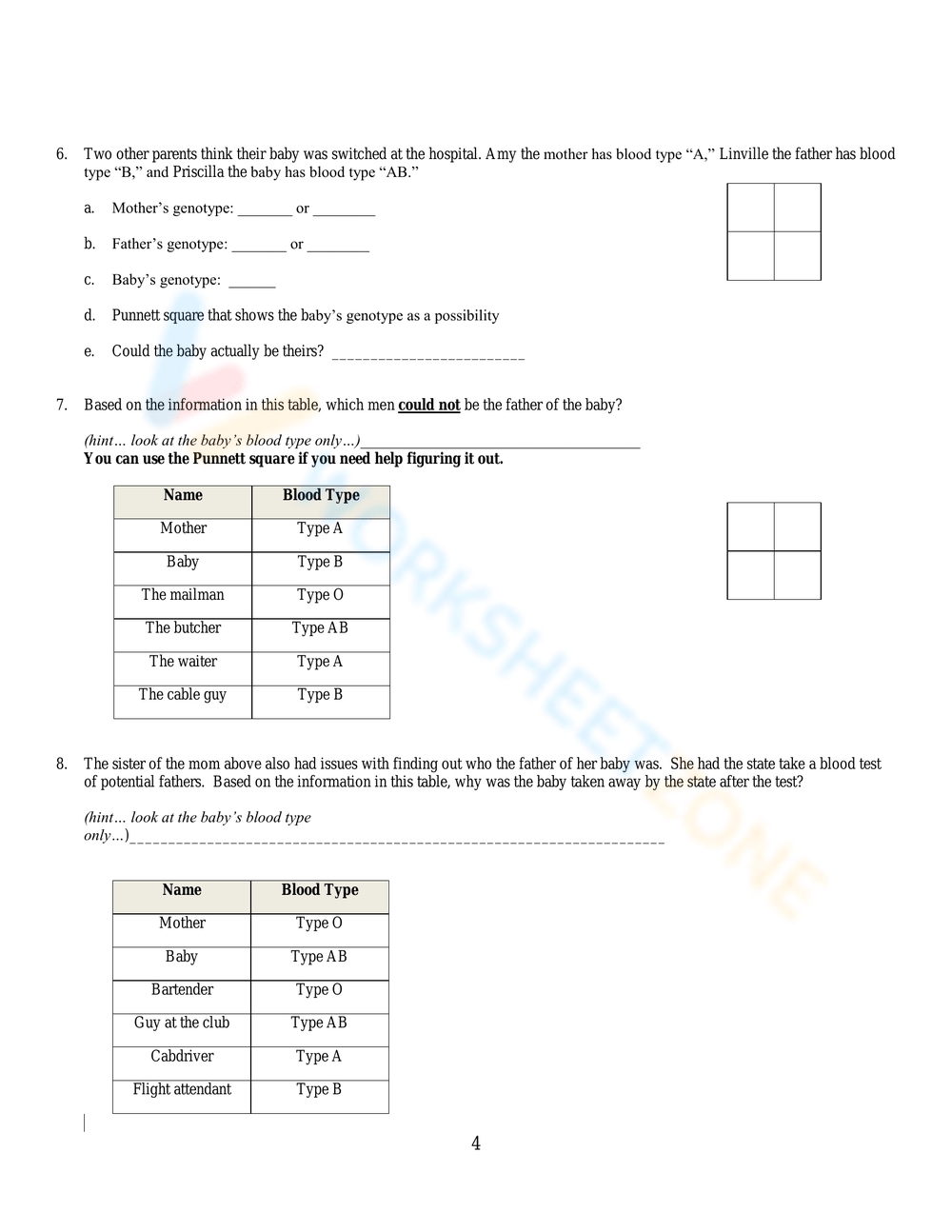 blood types worksheet