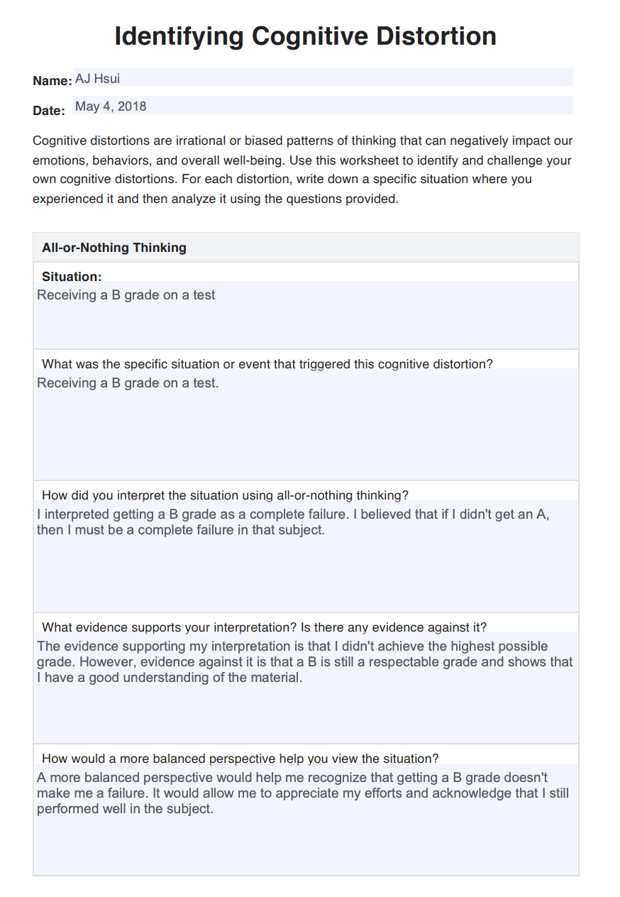Cognitive Distortions Worksheet Therapist Aid Worksheets Library