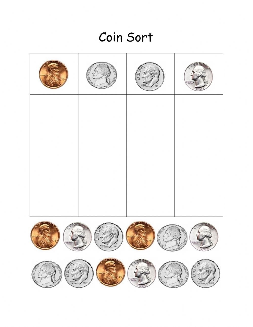Coin Sort Worksheet For Preschool Math