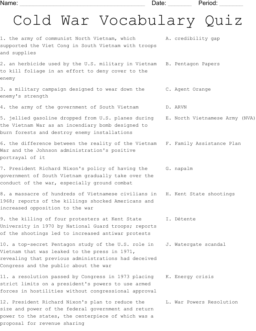 Cold War Vocabulary Quiz Worksheet WordMint Worksheets Library