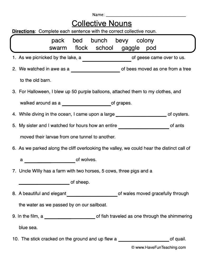 Collective Nouns Complete The Sentence Worksheet By Teach Simple