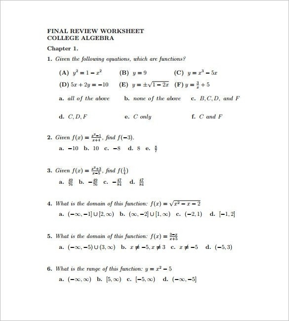 college algebra worksheets