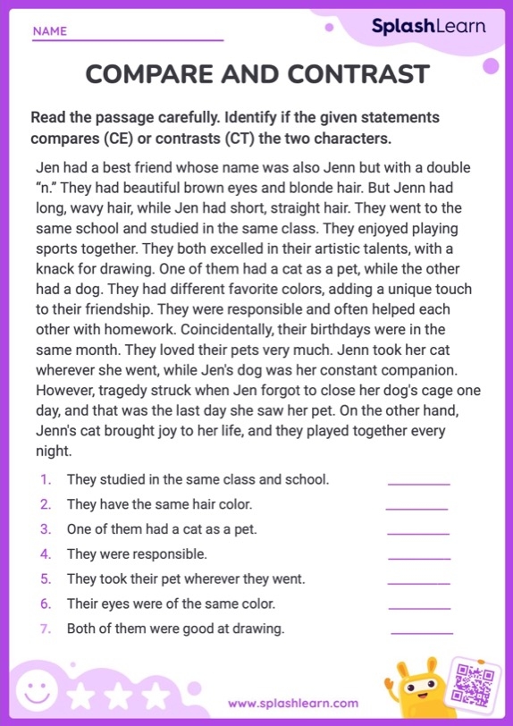 compare and contrast worksheet